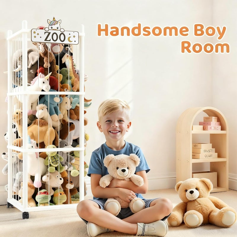 Vecxoty Stuffed Animal Storage Zoo Tower,56In Wooden Large Stuffed Animal Holder Organizer with Wheels,Stuffy Plushies Storage with Elastic Band&Mesh Bottom,Toy Storage Organizers for Playroom Nursery（White） - Image 2